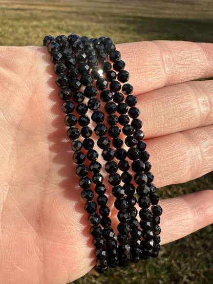 Black Spinel 4mm Faceted 7.5” Stretch Bracelet