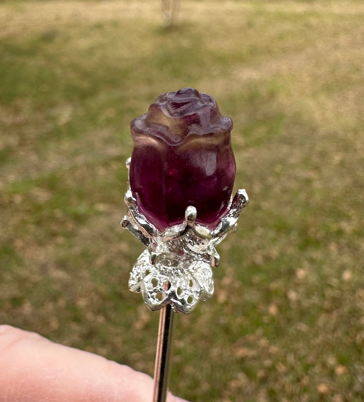 Fluorite Rose Silvertone Metal Hairpin/Scepter #3