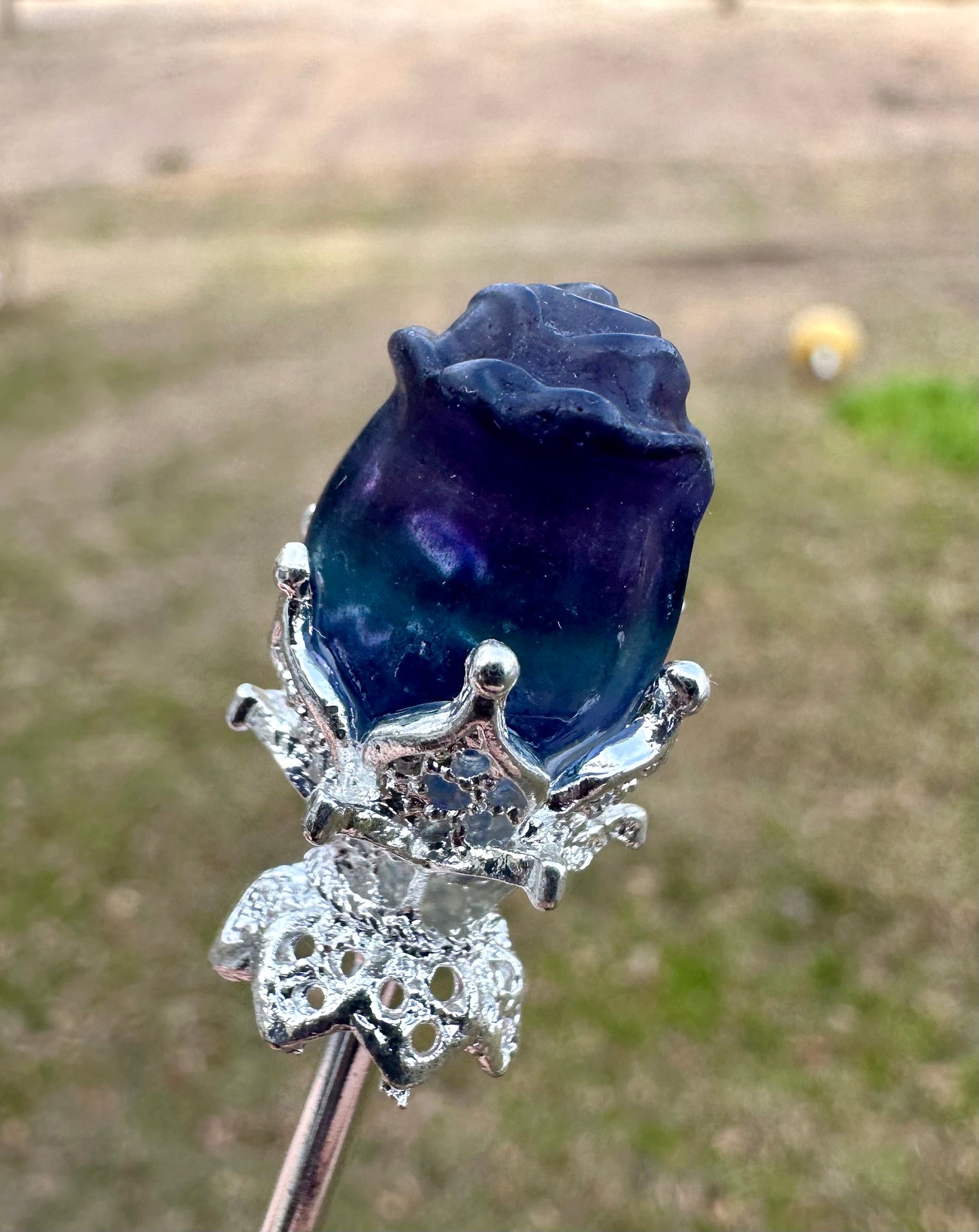 Fluorite Rose Silvertone Metal Hairpin/Scepter #8