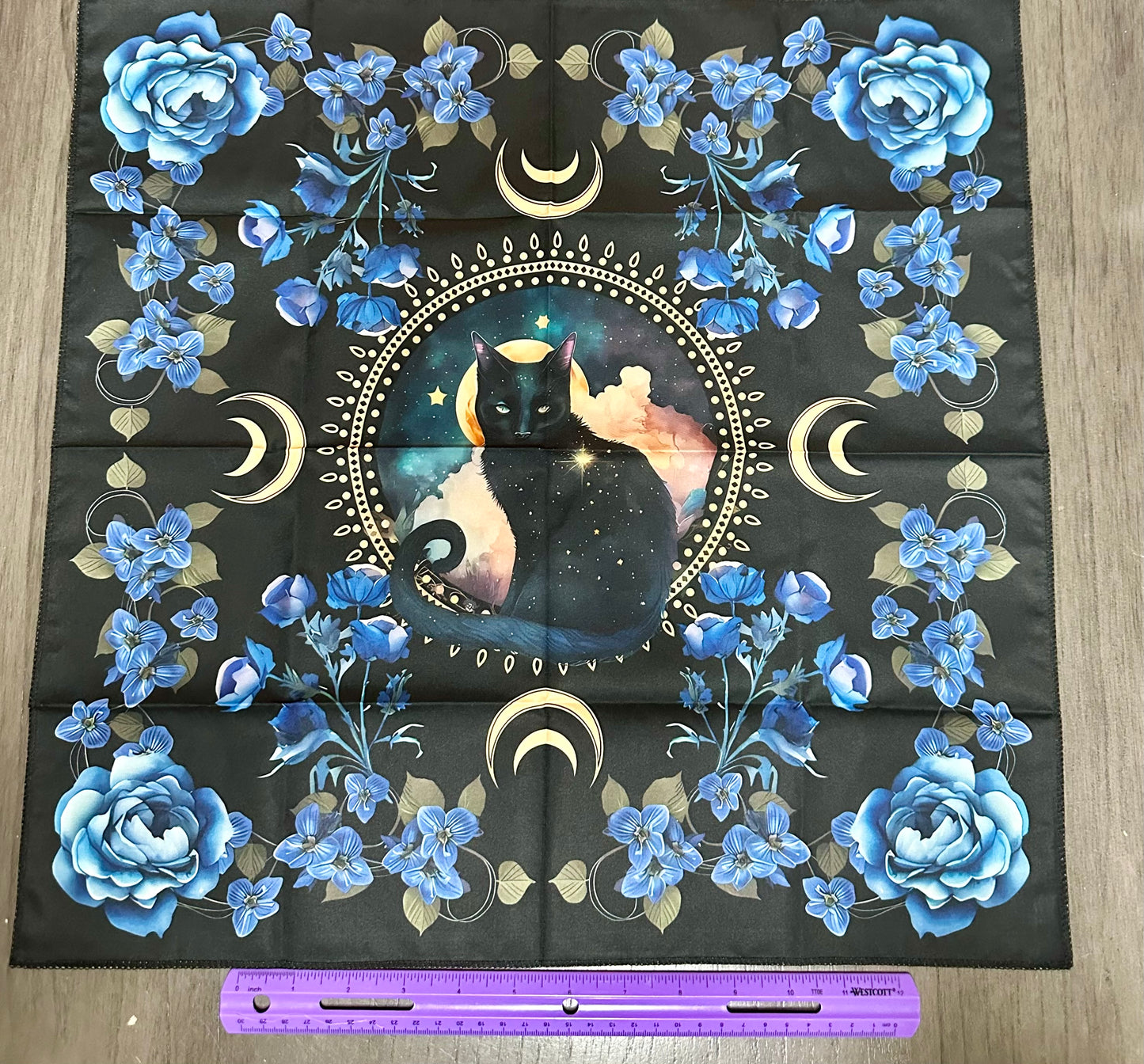 Black Cat and Blue Flowers with Moon Altar/Tarot Tapestry Cloth