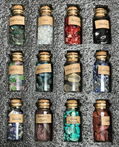 Labeled Glass Gemstone Chip Bottles