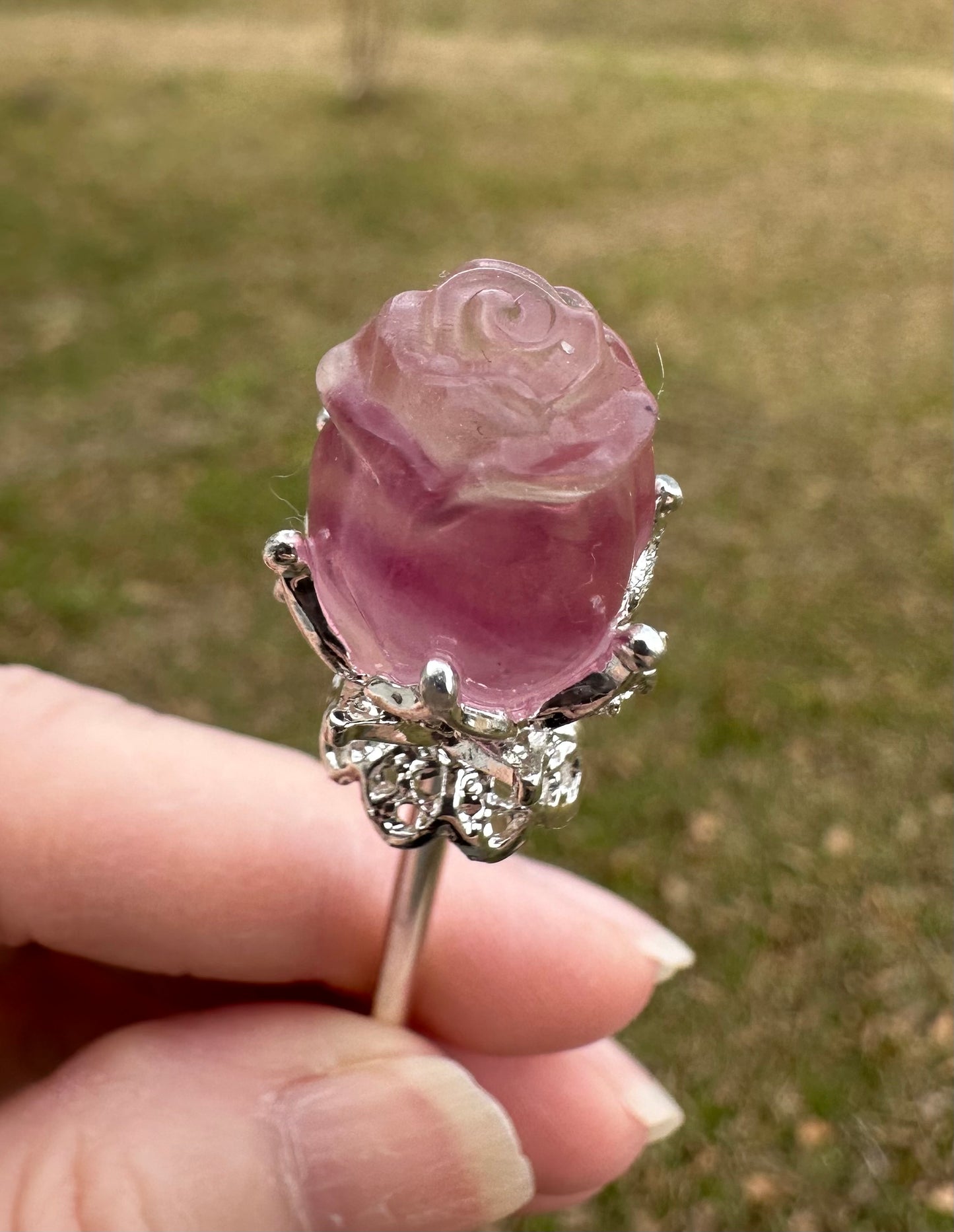 Fluorite Rose Silvertone Metal Hairpin/Scepter #1