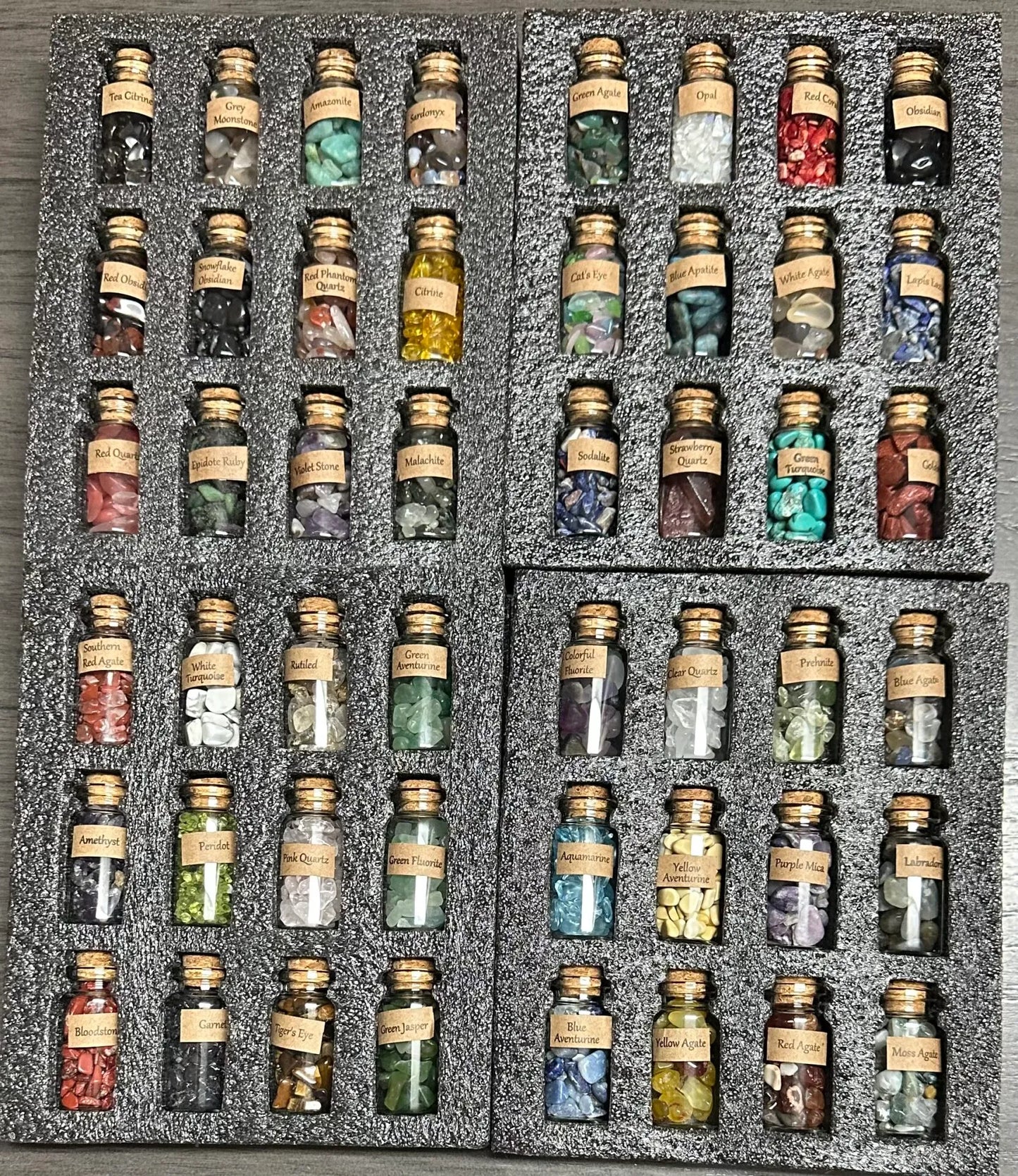 Labeled Glass Gemstone Chip Bottles