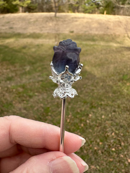 Fluorite Rose Silvertone Metal Hairpin/Scepter #2