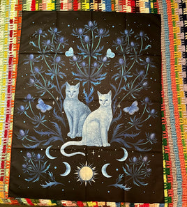 Blue Cat Tapestry with Moon, Sun, Moth and Flowers