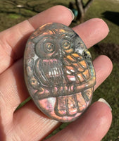 Pink & Orange Carved Labradorite Owl with Case