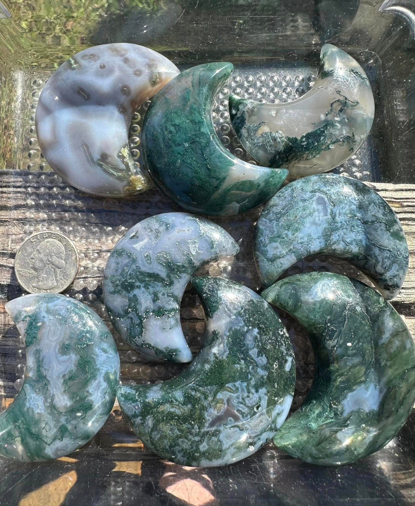 Moss Agate Carved Moons