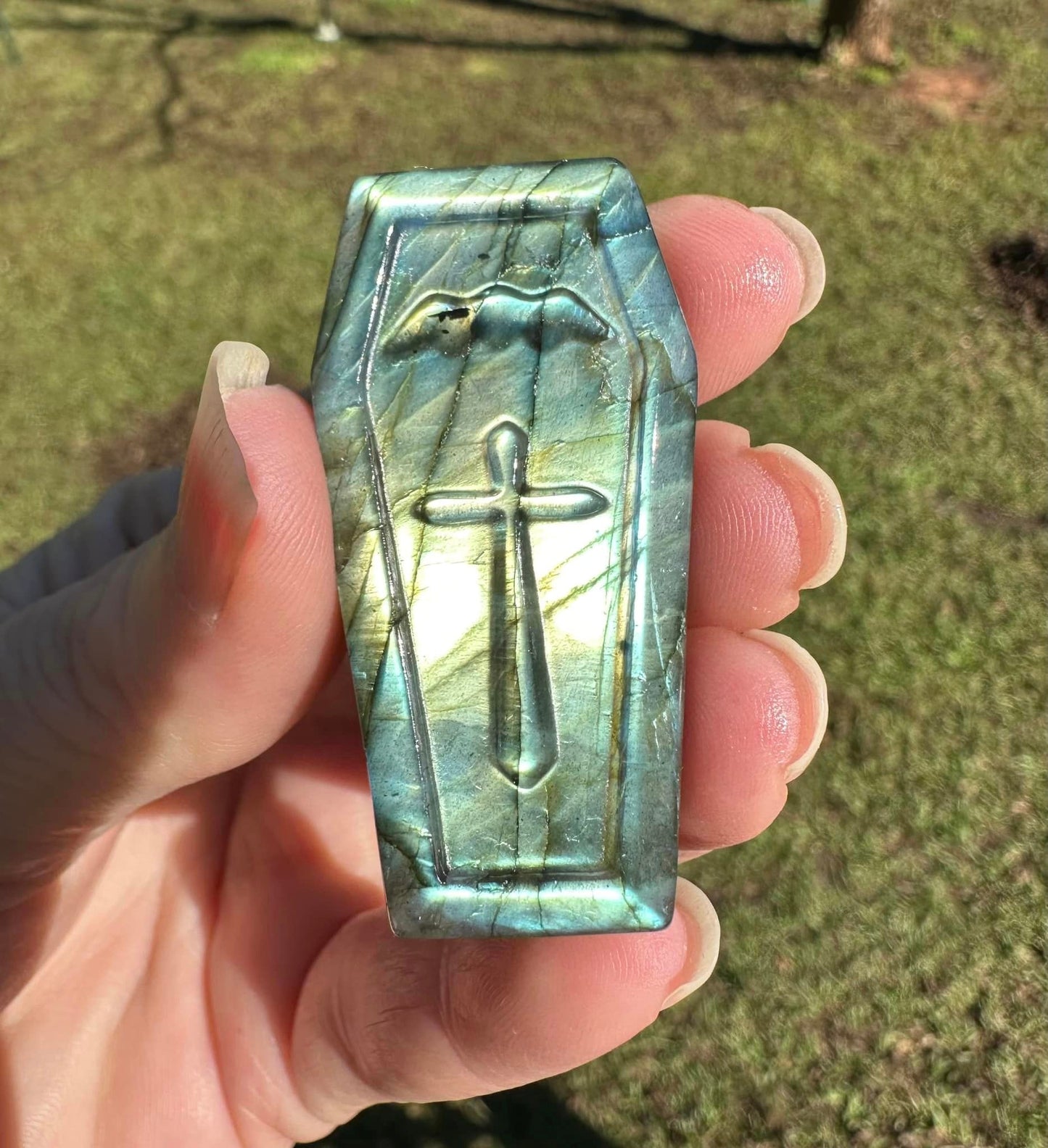 Coffin Shape Labradorite Carving with Case