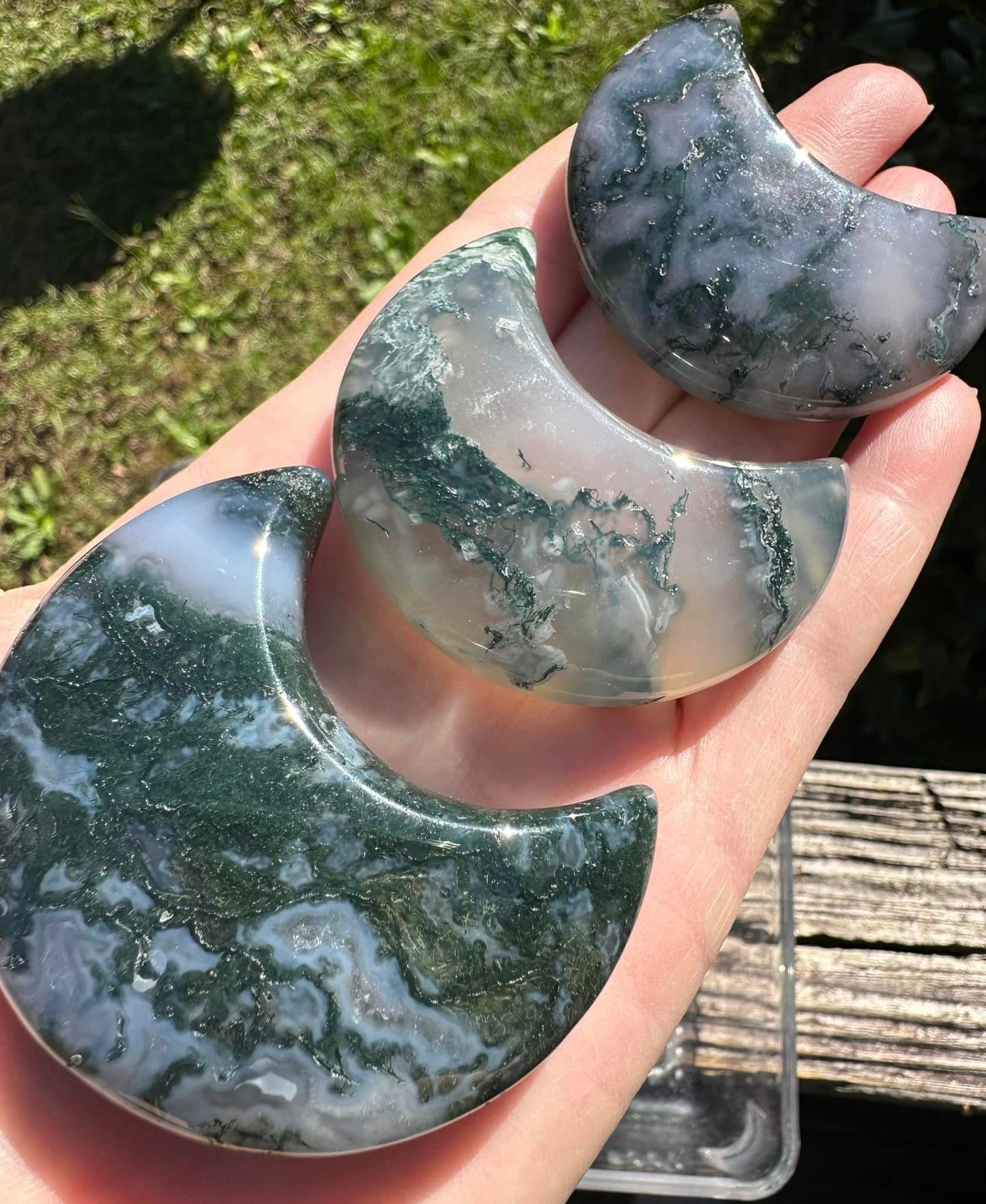 Moss Agate Carved Moons