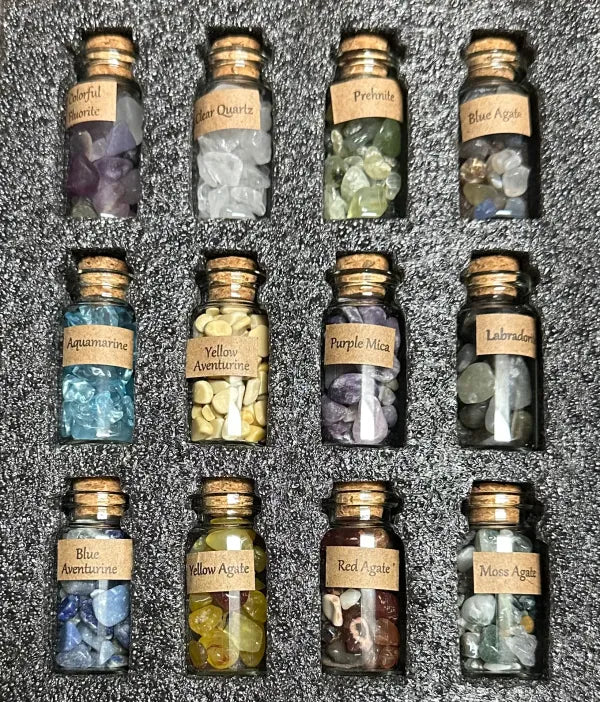 Labeled Glass Gemstone Chip Bottles