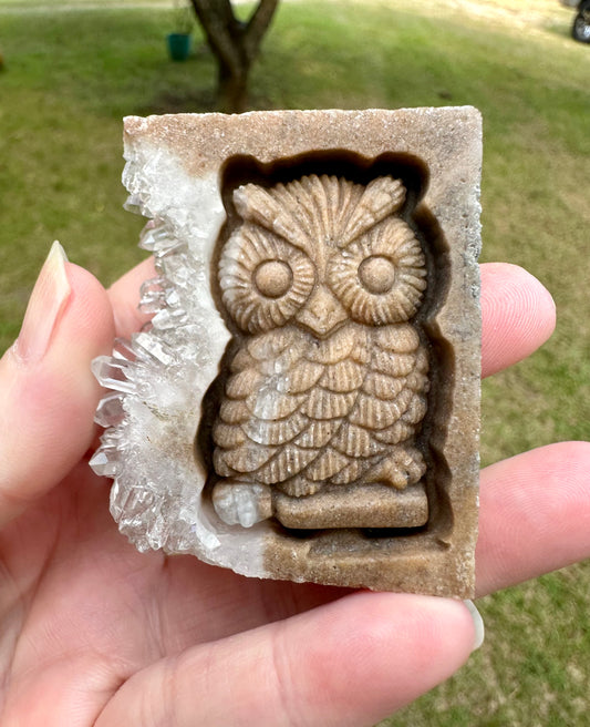 Carved Owl Natural Quartz Cluster