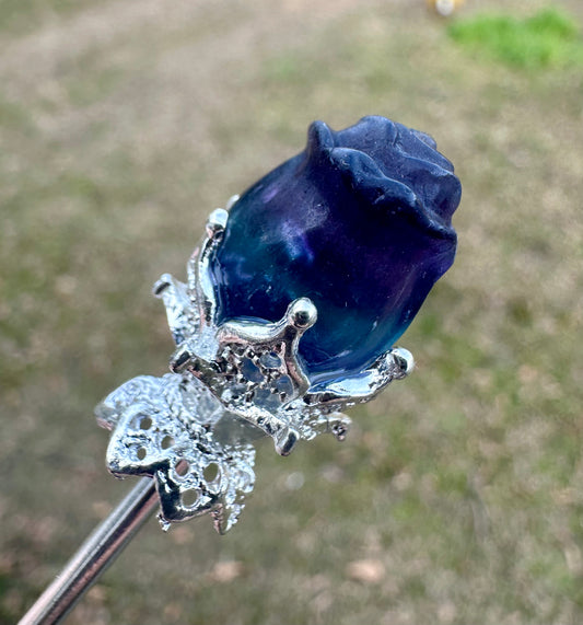 Fluorite Rose Silvertone Metal Hairpin/Scepter #8