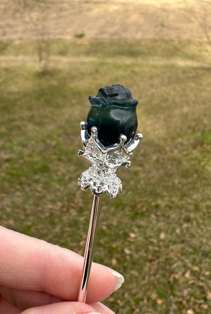 Fluorite Rose Silvertone Metal Hairpin/Scepter #4