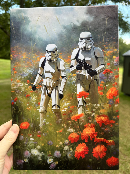 Storm Troopers in a Field of Flowers Framed Canvas Print