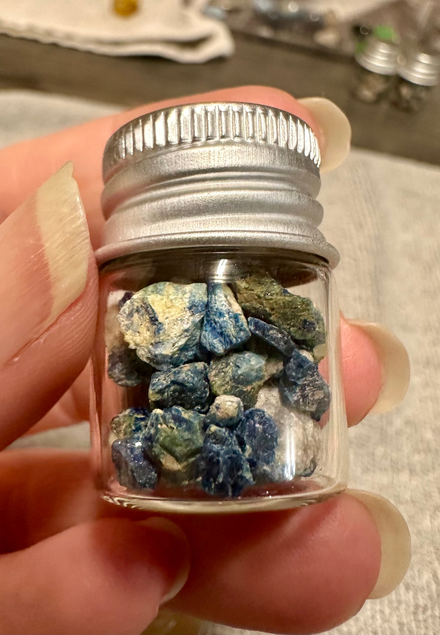 Lazulite Specimen Pieces in Small Jar #1 Graves Mountain