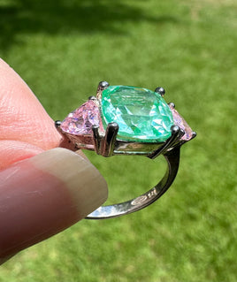 Sterling Silver Green & Pink Cubic Zirconia Fashion Ring Sz 8