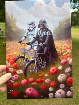 Vader & Storm Trooper Riding in a Field of Flowers Framed Canvas Print