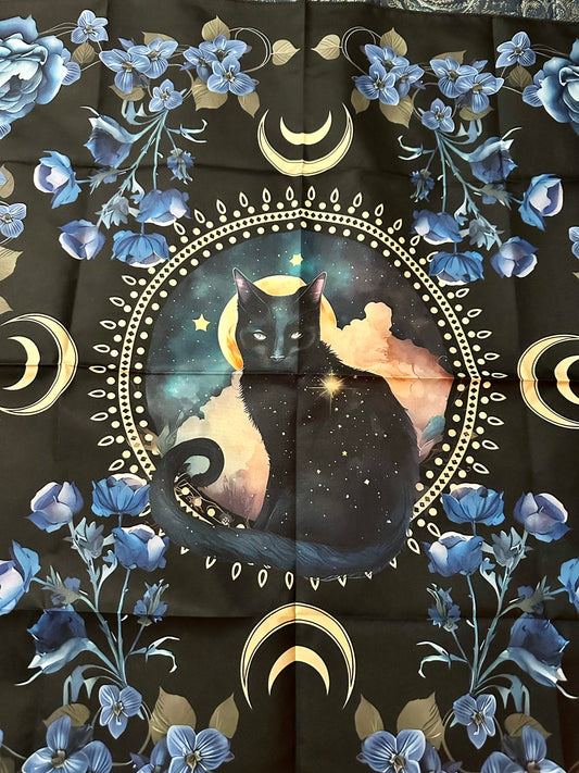 Black Cat and Blue Flowers Tapestry