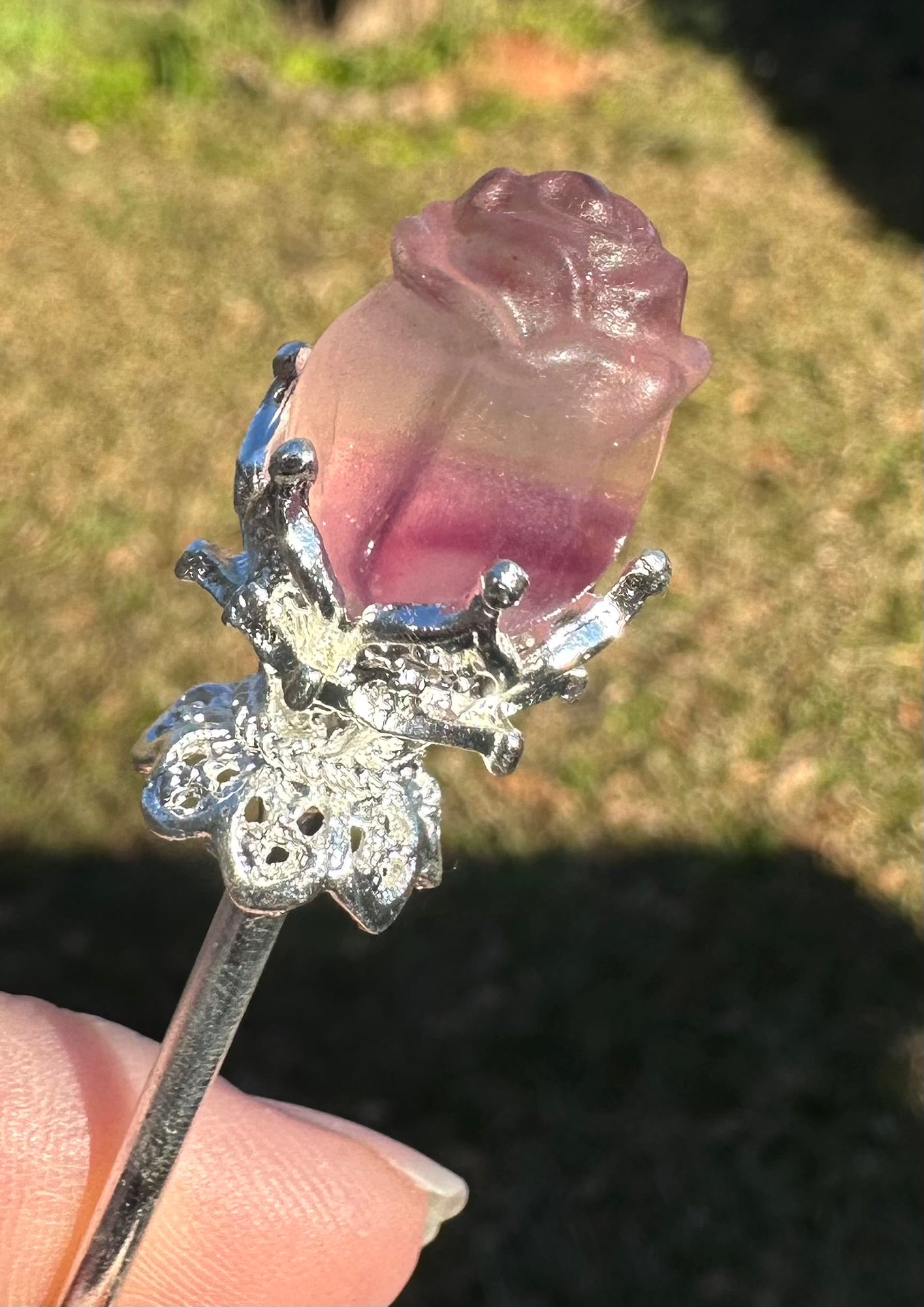 Fluorite Rose Silvertone Metal Hairpin/Scepter #7