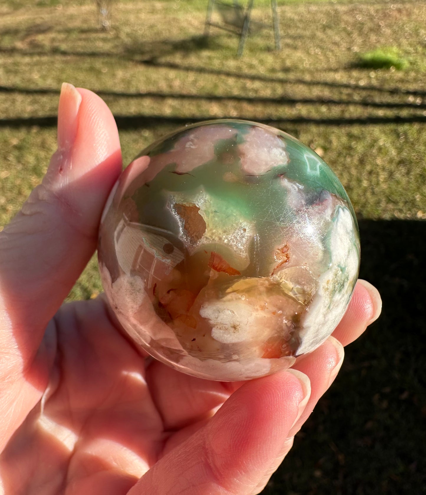 Green & Pink Flower Agate Sphere with Druzy