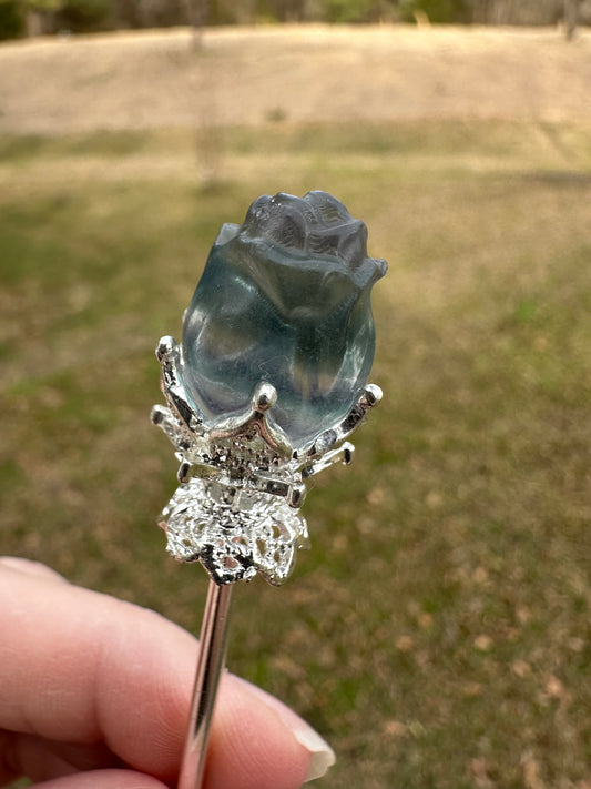 Fluorite Rose Silvertone Metal Hairpin/Scepter #5