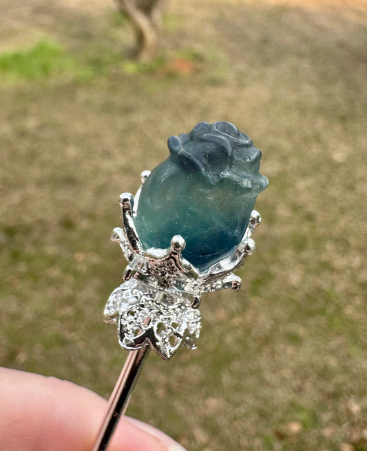 Fluorite Rose Silvertone Metal Hairpin/Scepter #10