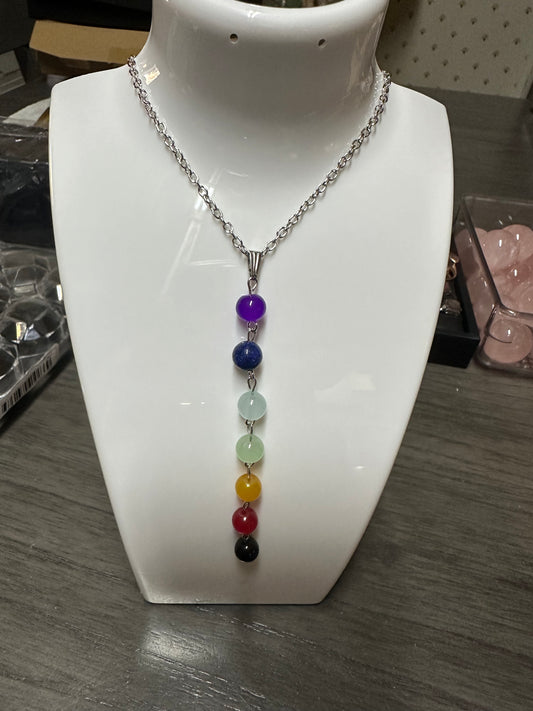 Chakra 7 Stone/Bead Pendant Necklace Silvertone.