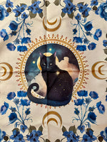 Black Cat and Blue Flowers White Background Altar/Tarot Tapestry Cloth