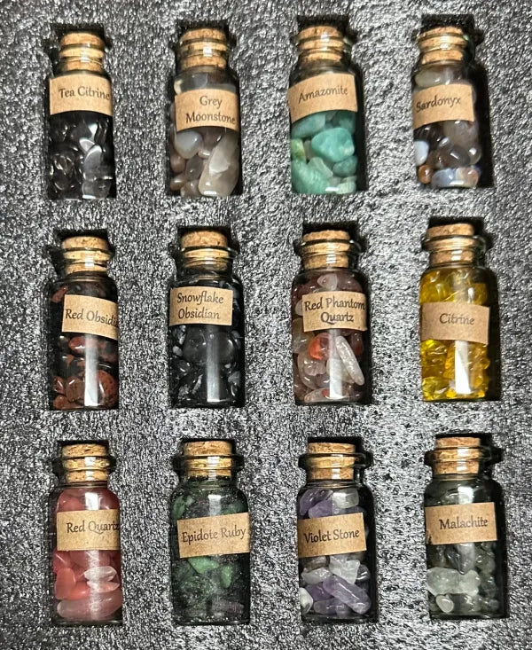 Labeled Glass Gemstone Chip Bottles