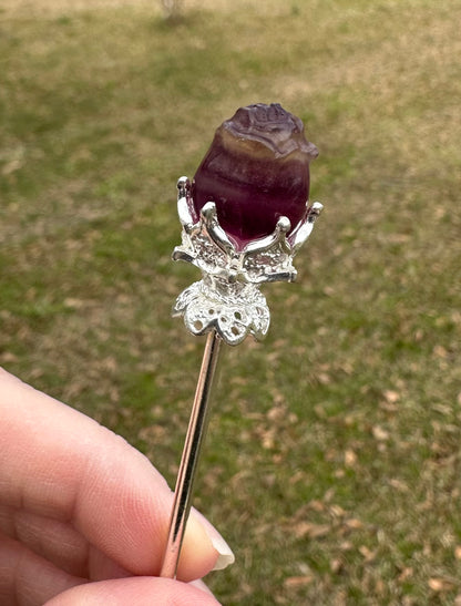 Fluorite Rose Silvertone Metal Hairpin/Scepter #3