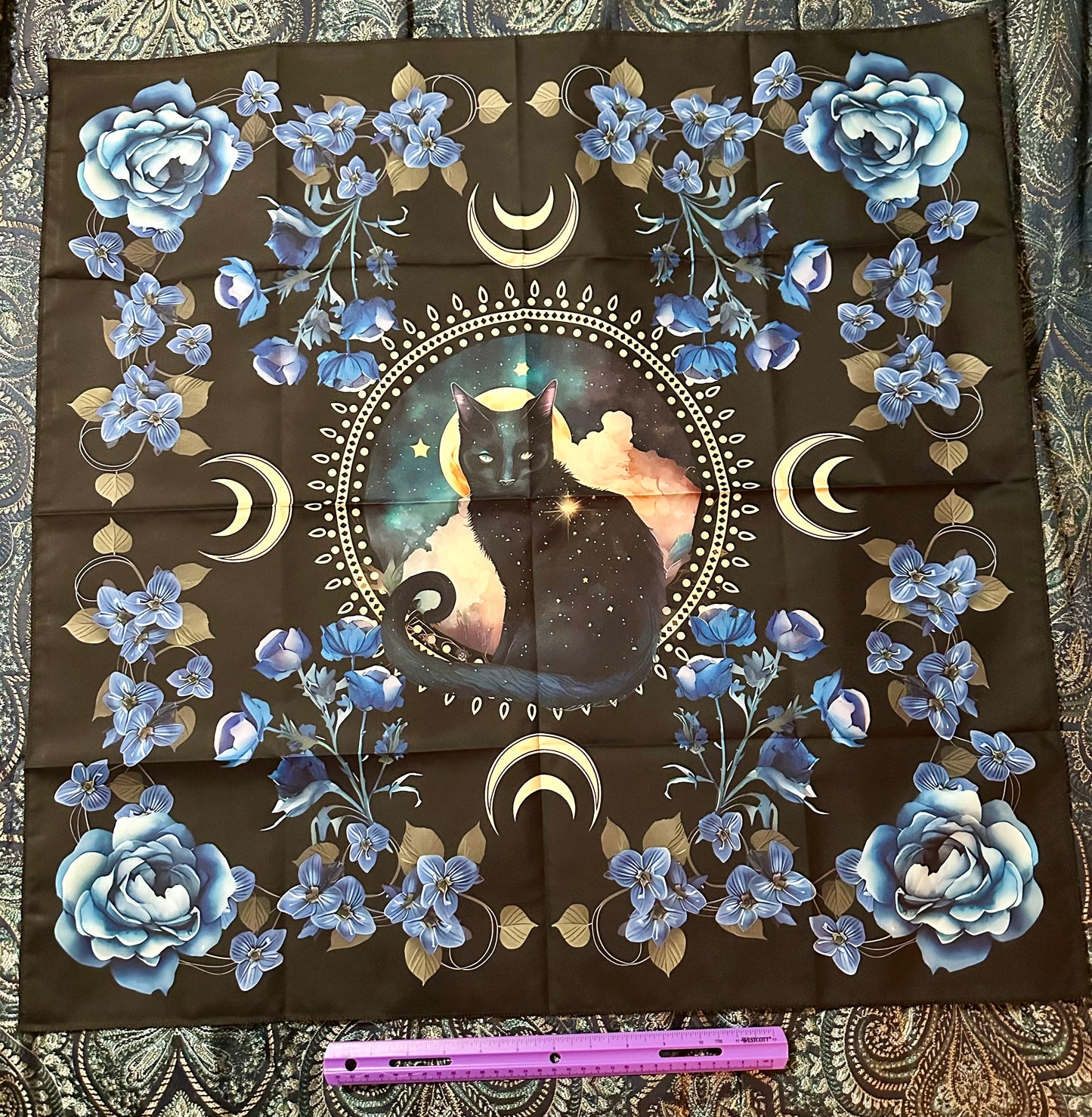 Black Cat and Blue Flowers Tapestry