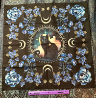 Black Cat and Blue Flowers Tapestry