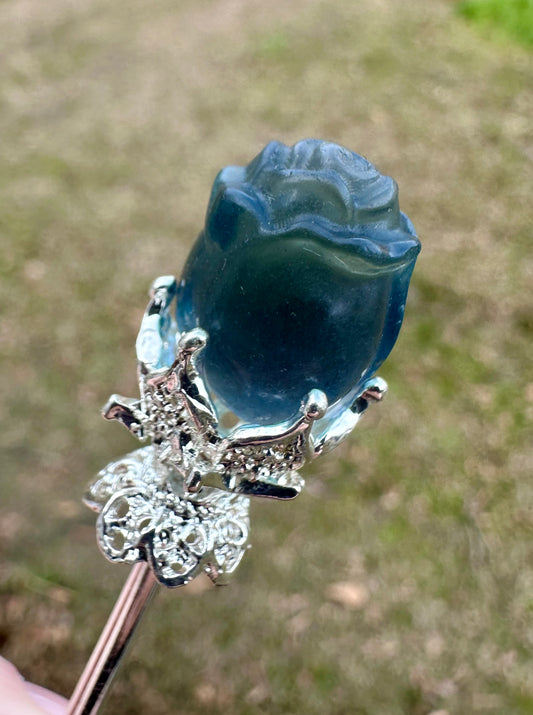 Fluorite Rose Silvertone Metal Hairpin/Scepter #9