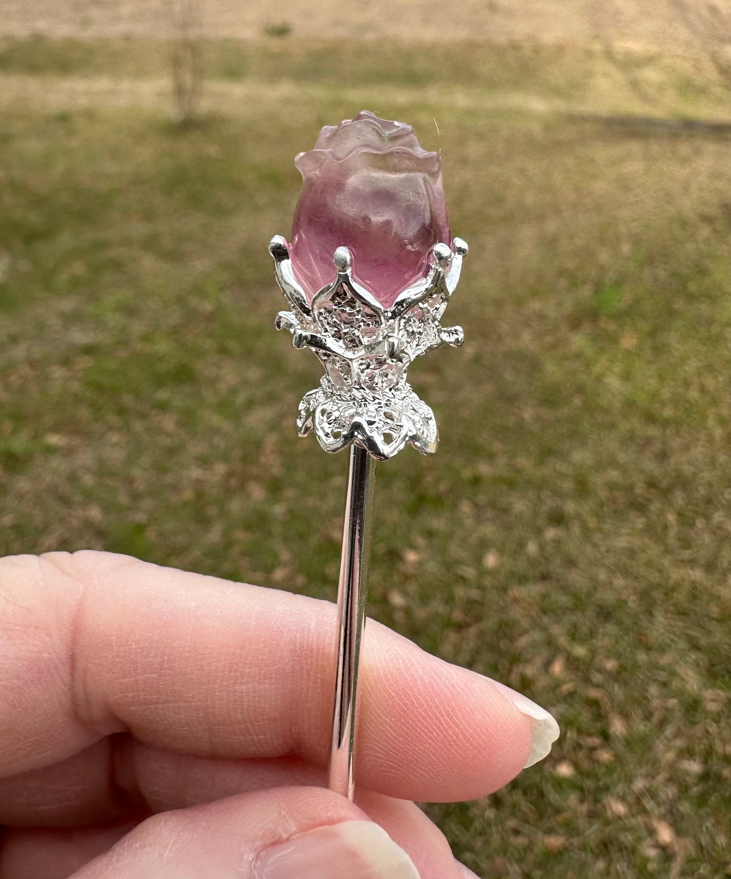 Fluorite Rose Silvertone Metal Hairpin/Scepter #1