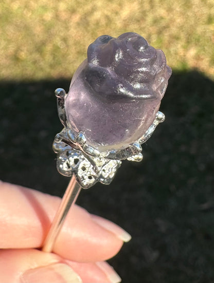 Fluorite Rose Silvertone Metal Hairpin/Scepter #6