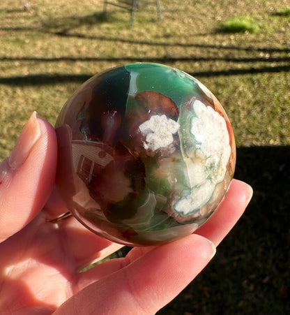 Green & Pink Flower Agate Sphere with Druzy