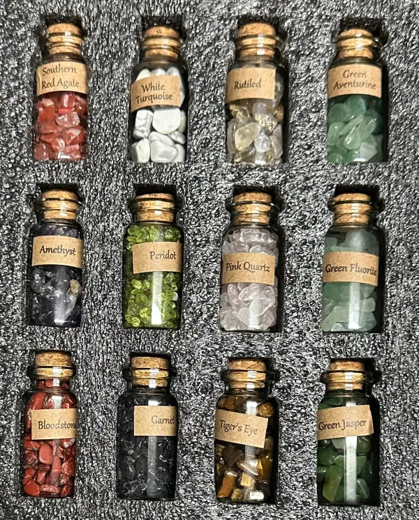 Labeled Glass Gemstone Chip Bottles