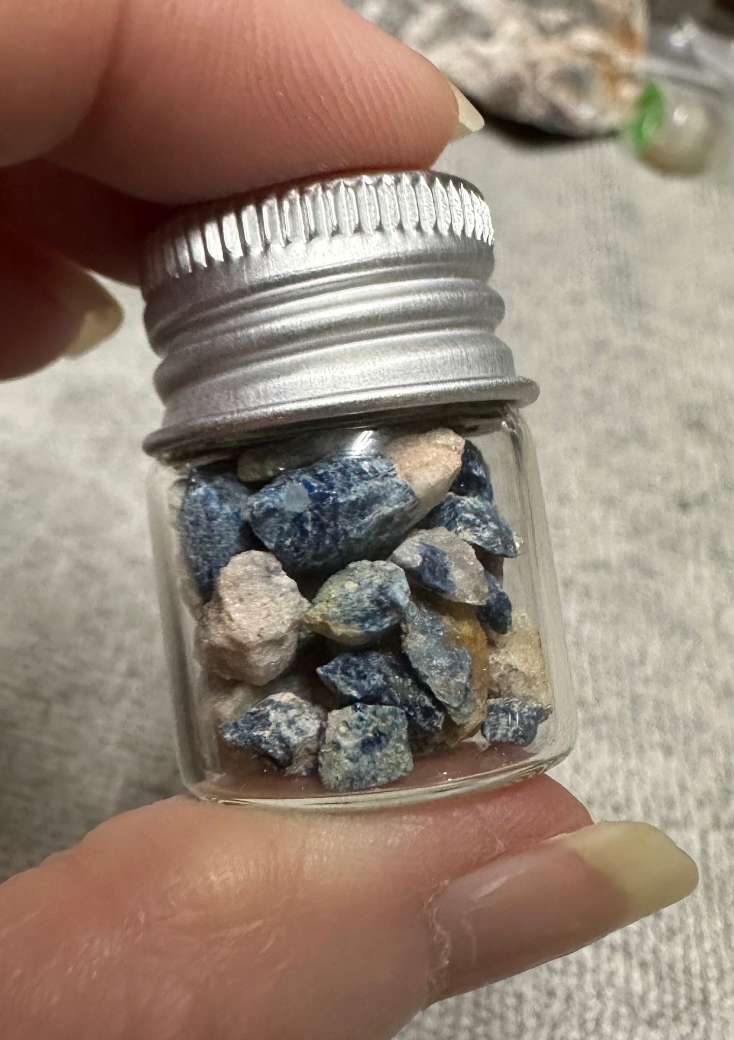 Lazulite Specimen Pieces in Small Jar #2 Graves Mountain