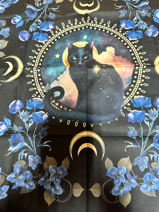 Black Cat and Blue Flowers with Moon Altar/Tarot Tapestry Cloth