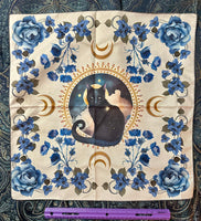 Black Cat and Blue Flowers White Background Altar/Tarot Tapestry Cloth