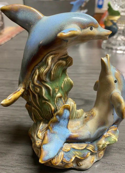 Playful Dolphins Figurine on Seaweed & Coral