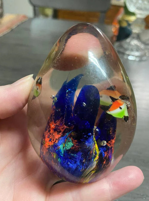 Vintage Glass Art Egg Paperweight Ocean Life