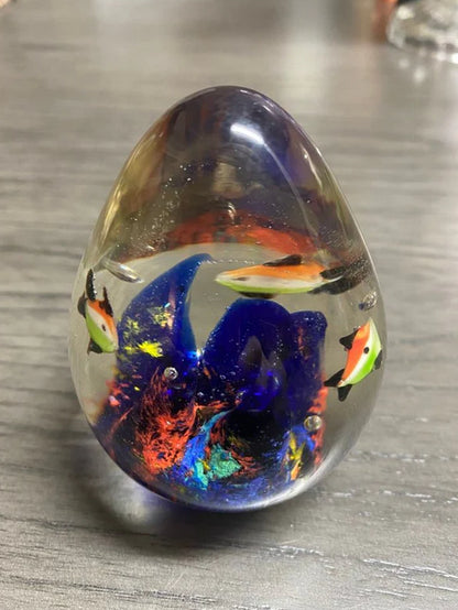 Vintage Glass Art Egg Paperweight Ocean Life