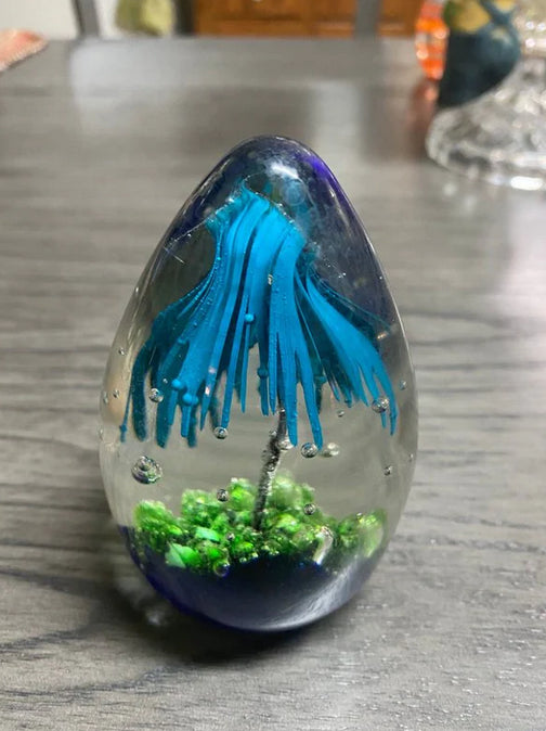 Vintage Glass Art Egg Paperweight Tree