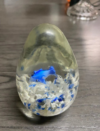 Vintage Glass Art Egg Paperweight Ocean