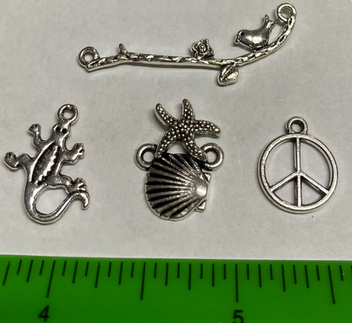 Set of Four Silvertone Metal Charms/Pendants Seashell & More