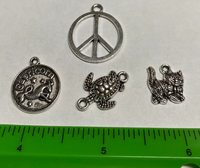 Set of Four Silvertone Metal Charms/Pendants Peace Sign & More