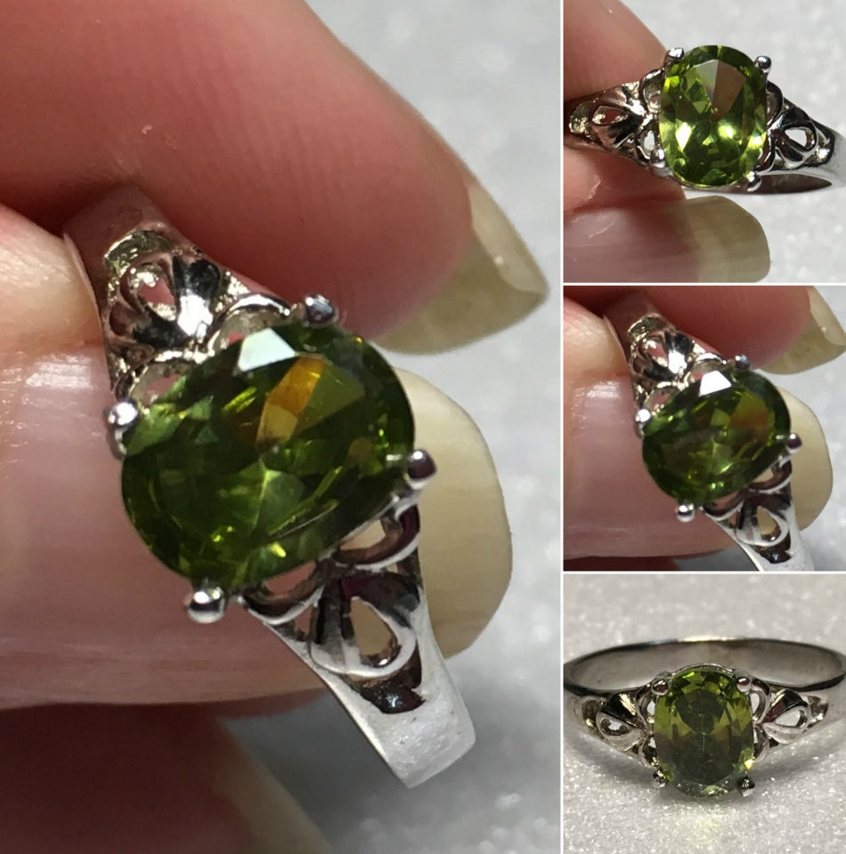 Sterling Silver 8x6mm Oval Olive Green Cz Ring Sz 7 #32