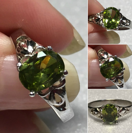 Sterling Silver 8x6mm Oval Olive Green Cz Ring Sz 7 #32