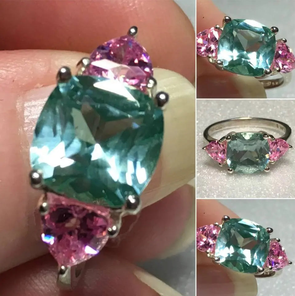 Sterling Silver Green & Pink Cz Fashion Ring Sz 7-8 #19